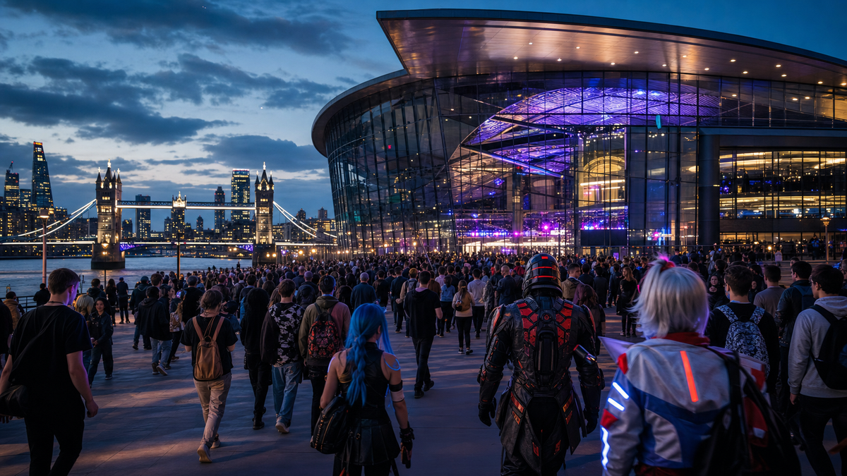 Large crowd of international esports fans arriving at a London event venue